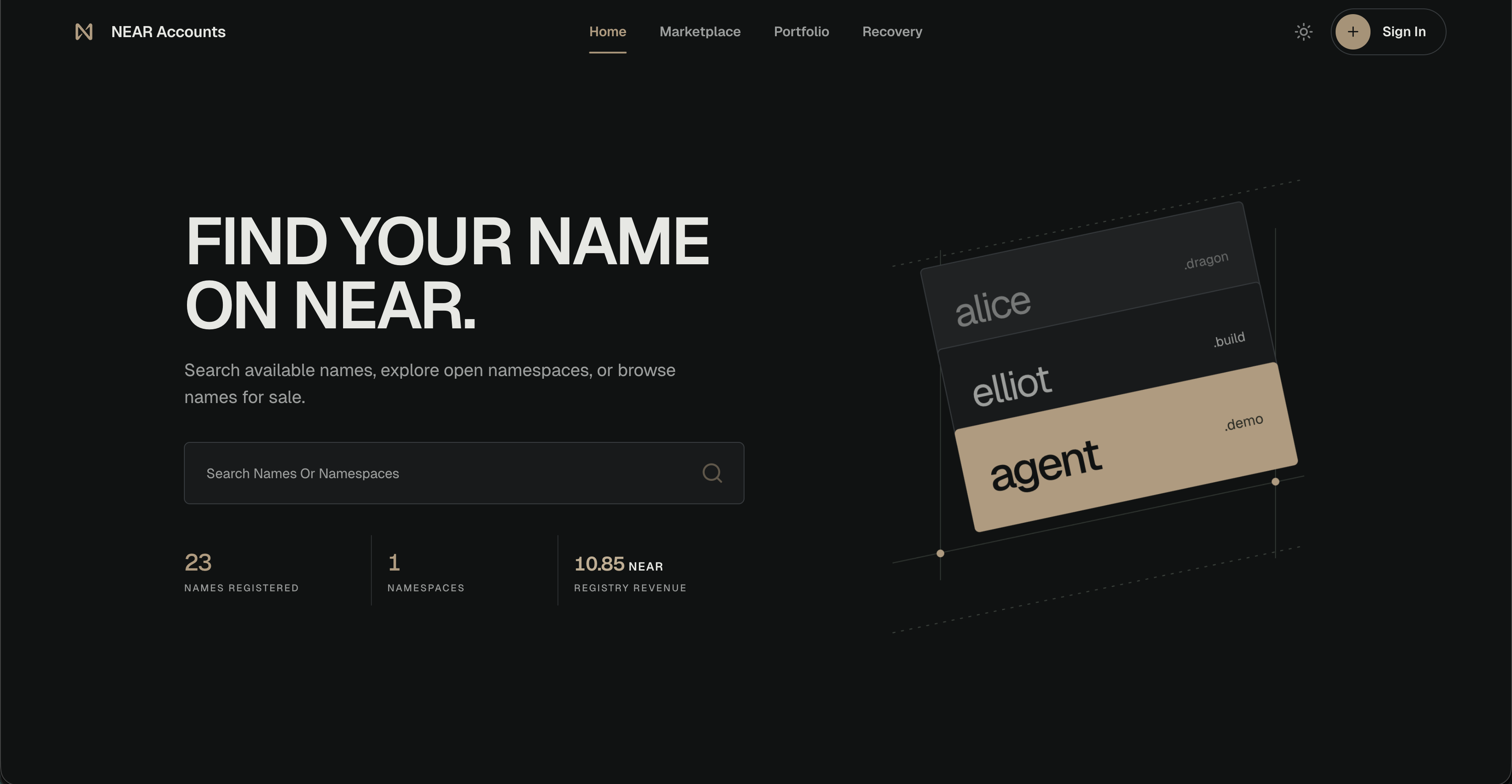 NEAR Accounts homepage for searching names, exploring namespaces, and browsing names for sale